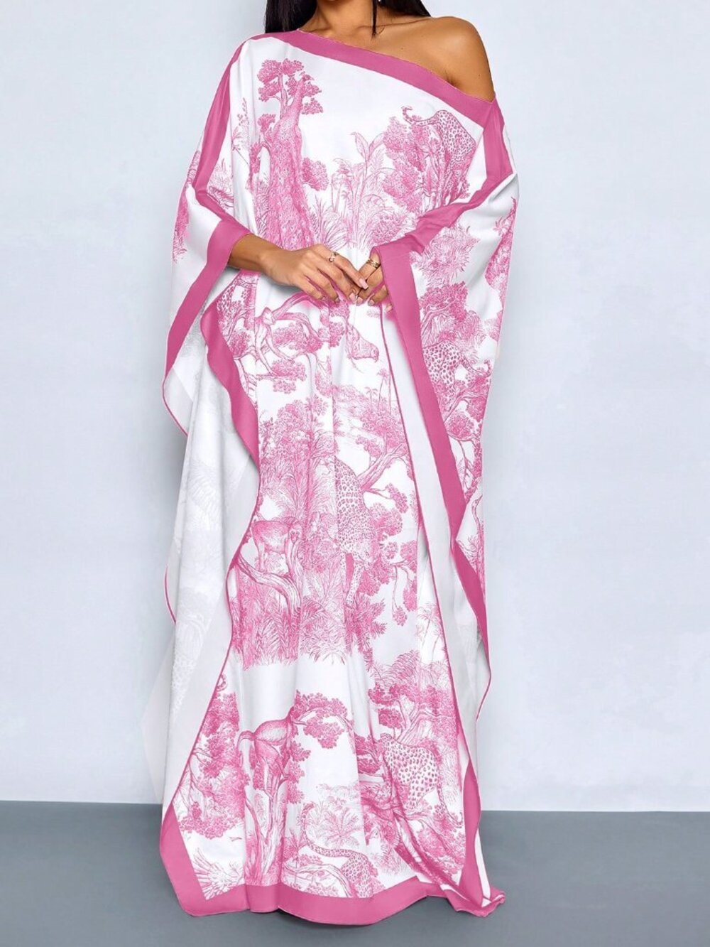 Pink Boho Women's Maxi Dress with Cape Shawl, Floral Print, Batwing Sleeves - Picture 6 of 6